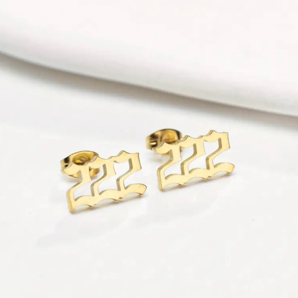 Brand New Unisex Stainless Steel 222 Number Design Stud Earrings